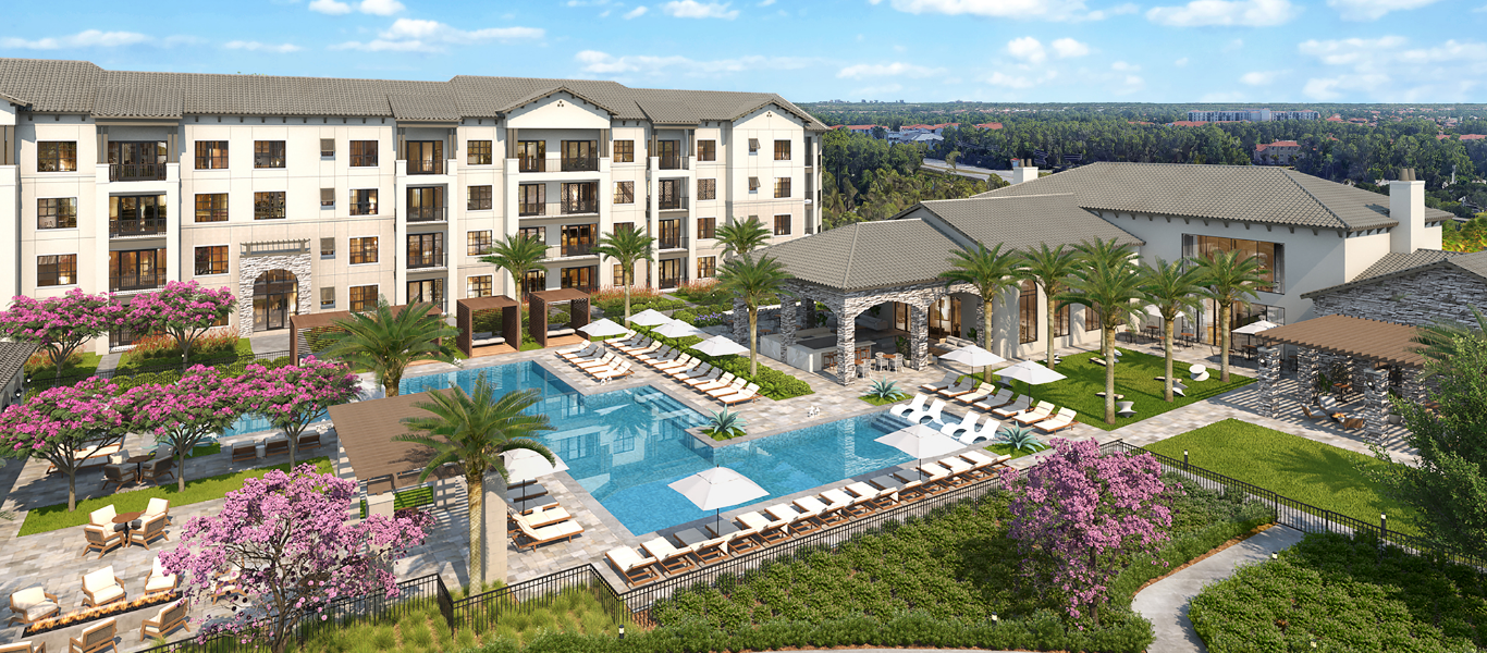 exterior rendering of Fiori apartments in naples florida with pool and clubouse amenities