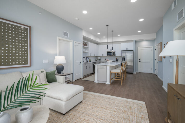living room with view of kitchen