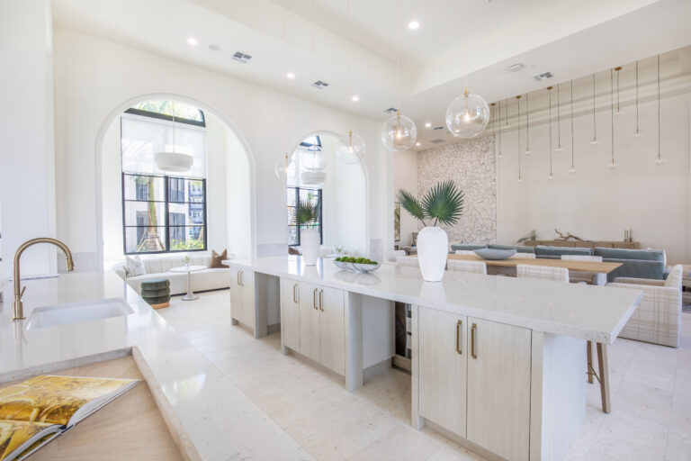 Open kitchen and gathering space at Fiori Apartments