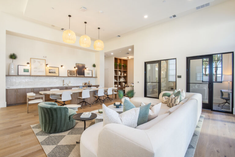 Bright common area with modern furniture at Fiori Apartments