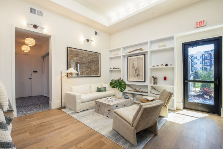 Elegant living room with neutral tones at Fiori Apartments