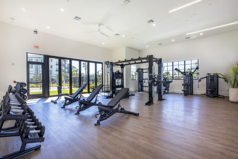 Fitness center with cardio equipment at Fiori Apartments